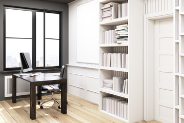 Fototapeta na wymiar Home library with a desk, white, side view