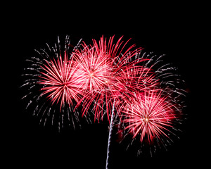 White and red fireworks on black background at international com