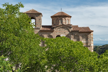 Panorama of Church of the Holy Mother of God in Asen's Fortress and Rhodopes mountain, Asenovgrad, Plovdiv Region, Bulgaria
