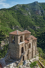 Fototapeta na wymiar Panorama of Church of the Holy Mother of God in Asen's Fortress and Rhodopes mountain, Asenovgrad, Plovdiv Region, Bulgaria
