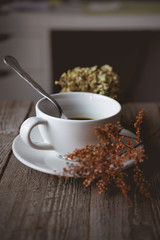 Chill and Relax with Vlode up Hot Coffee Cup on old  wooden in v