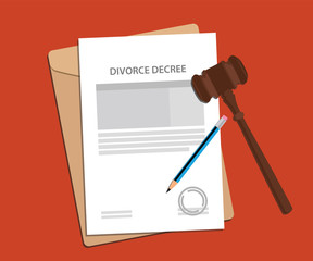 divorce decree agreement concept illustration with paperworks, pen and a judge hammer - obrazy, fototapety, plakaty