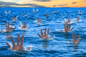 Hands of a men sinking and drowning in the sea. Business concept failed, bugdet not reached, bankruptcy risk company, concept drowning, bankruptcy, financial emergency.