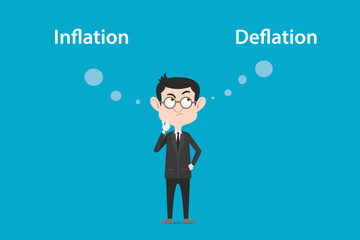 thinking about the difference of inflation vs deflation illustration with a white bubble text