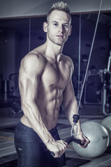 Fototapeta na wymiar Young handsome man training triceps, shirtless on gym equipment, pulling handle on cables