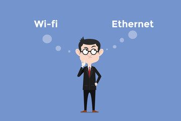 confuse to choose whether using wifi vs ethernet for internet connection in the office illustration with white bubble text
