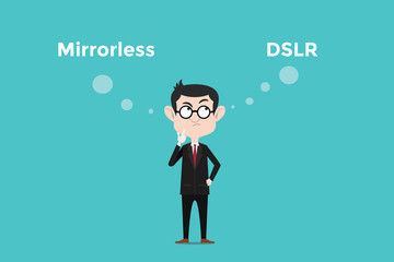 confuse to choose for buying mirrorless vs dslr camera and comparing its benefits illustration with white bubble text