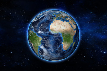 blue planet earth from space showing America and Africa, USA, globe world with blue glow edge on space in a star field