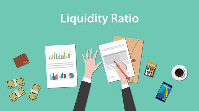 Illustration Of Counting Liquidity Ratio With Paperworks, Calculator And Money On Top Of Table