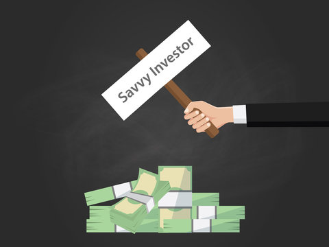 Savvy investor text illustration on a sign board on top of money heap with black background