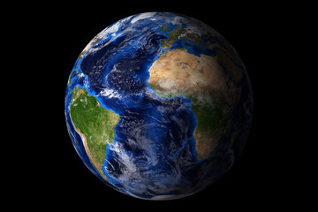 blue planet earth from space showing America and Africa, USA, globe world isolated on black