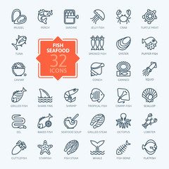 Fish and seafood - outline icon collection, vector