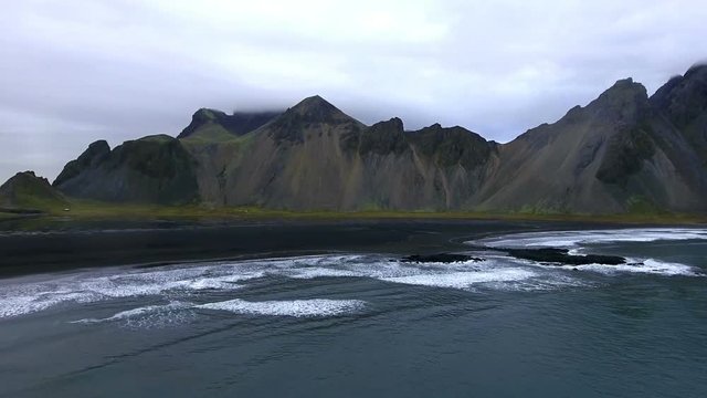Aerial view of the coastline with mountains in Iceland