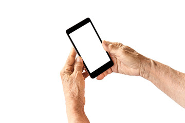 older person, hand holding and touch smart phone white screen, isolated