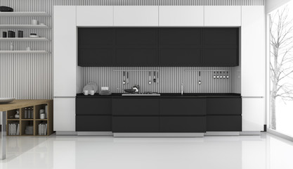 3d rendering modern black and white kitchen in winter