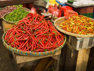 Various kind of chillies sold in Bogor traditional market photo taken in Indonesia