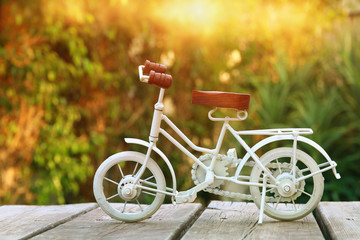 Fototapeta premium Vintage bicycle toy waiting outdoors in the garden