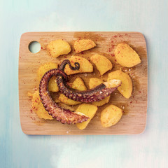 Octopus with fried potatoes, typical Spanish dish