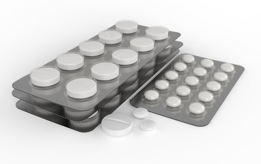 A set of packages of pills and pills. Render of 3D models.