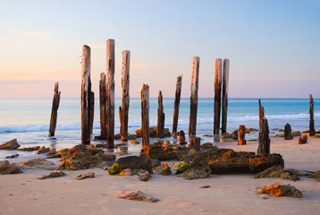 Wandcirkels tuinposter Jetty Ruins and Sunset at Port Willunga Beach, South Australia © sharonwills