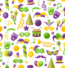 Materiał do szycia Seamless Texture with Set Carnival and Mardi Gras Icons and Objects