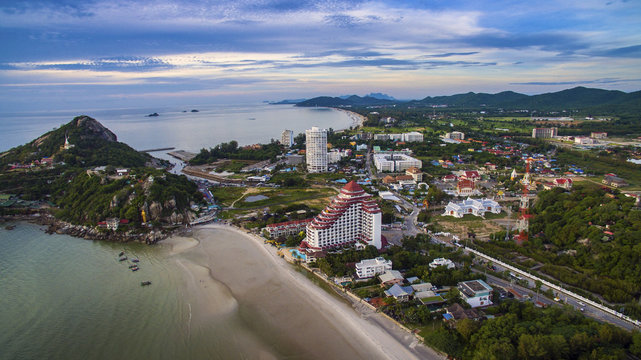 aerial view of wat khao tao temple at khhua hin beach prachuapkh