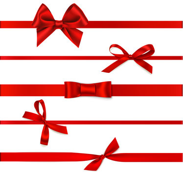 Set of beautiful decorative bows with horizontal ribbon for gift decoration. Vector red bow isolated on white