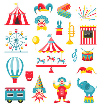 Circus and Carnival Icons Isolated on White Background