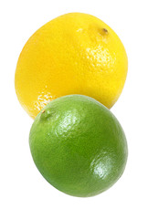 hanging, falling, flying lemon and lime fruits isolated on white background with clipping path