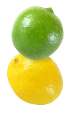 hanging, falling, flying lime and lemon  fruits isolated on white background with clipping path
