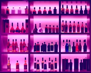 Acrylic prints Bar Various alcohol bottles in a bar, back light, logos removed, ton