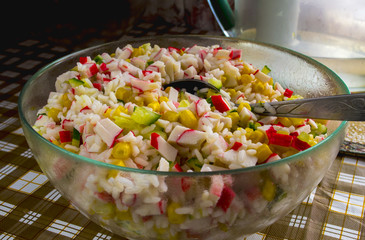Salad with rice, crab and corn