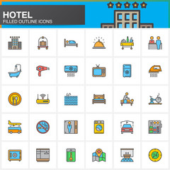 Hotel services and facilities line icons set, filled outline vector symbol collection, linear  colorful pictogram pack. Signs, logos. Set includes icons as hotel, bed, reception, safe, tv, pool, key