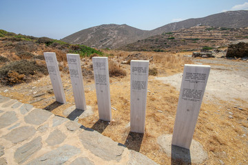 Along the road to the tomb of the Homer can be seen tombstones inscribed with verses of his writings. Ios Island Greece
