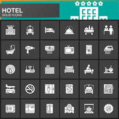 Hotel services and facilities vector icons set, modern solid symbol collection, filled white pictogram pack. Signs, logo illustration. Set includes icons as hotel, bed, reception, safe, tv, pool, key