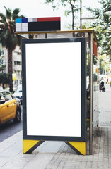 Blank advertising light box on bus stop, mockup of empty ad billboard on night bus station, template banner on background city street for message or text, afisha board and headlights of taxi cars