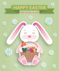 Cute Easter background in paper art style. Vector illustration.