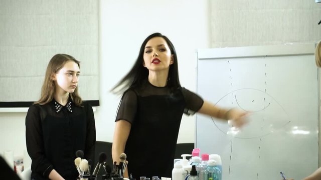 Professional female make-up artist teaching other visagistes to the art of make-up. HD