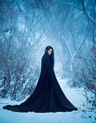 fairy tale girl a demon walks alone in winter forest. Gothic Woman wearing  long black traveling...