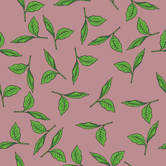 Seamless pattern with tea leaves on pastel lilac color background .Hand drawn vector illustration.