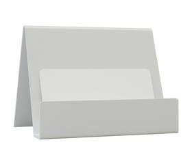 Blank business card on the holder on gray background with reflection isolated on white background