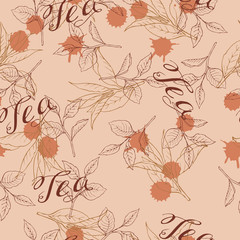 Seamless pattern with tea leaves on pastel orange background. Hand lettering. Abstract backdrops. Hand drawn vector illustration.