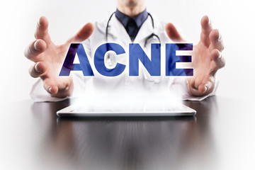 Medical doctor using tablet PC with acne medical concept.