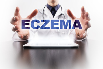 Medical doctor using tablet PC with eczema medical concept.
