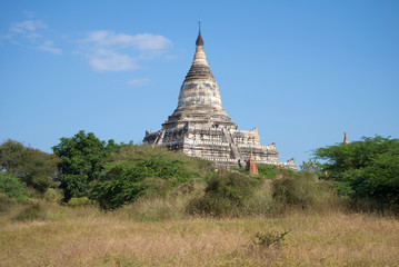 The ancient Buddhist stupa Shwesandaw Sunny day. Bagan, Myanmar