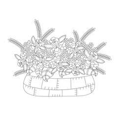 Coloring book for adults and children. Bouquet of Fantasy flowers in a vase. Black and white monochrome vector illustration.