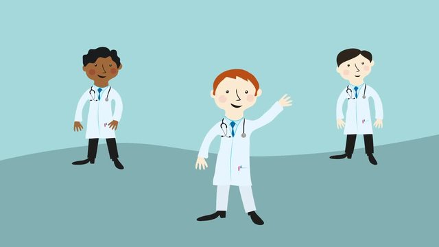 Three doctors waving greeting. Flat design cartoon character. Concept of positive and welcoming hospital care.