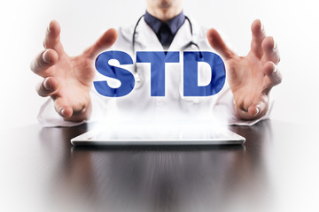 Medical doctor using tablet PC with std medical concept.