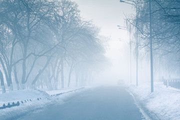 Empty street in fog in mysterious city
