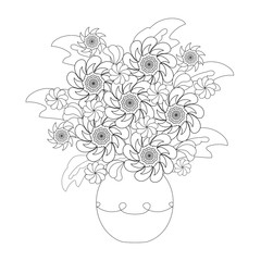 Coloring book for adults and children. Bouquet of Fantasy flowers in vase. Black and white monochrome vector illustration.